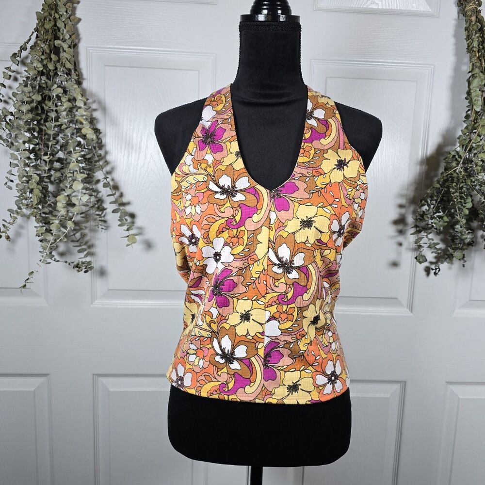 So Juniors Orange Pink Yellow Floral Halter Top Retro 1970's Summer Large